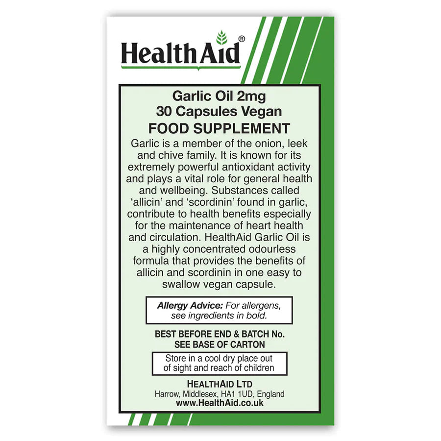 HEALTHAID GARLIC OIL ODOURLESS 2MG, 30 CAPSULES