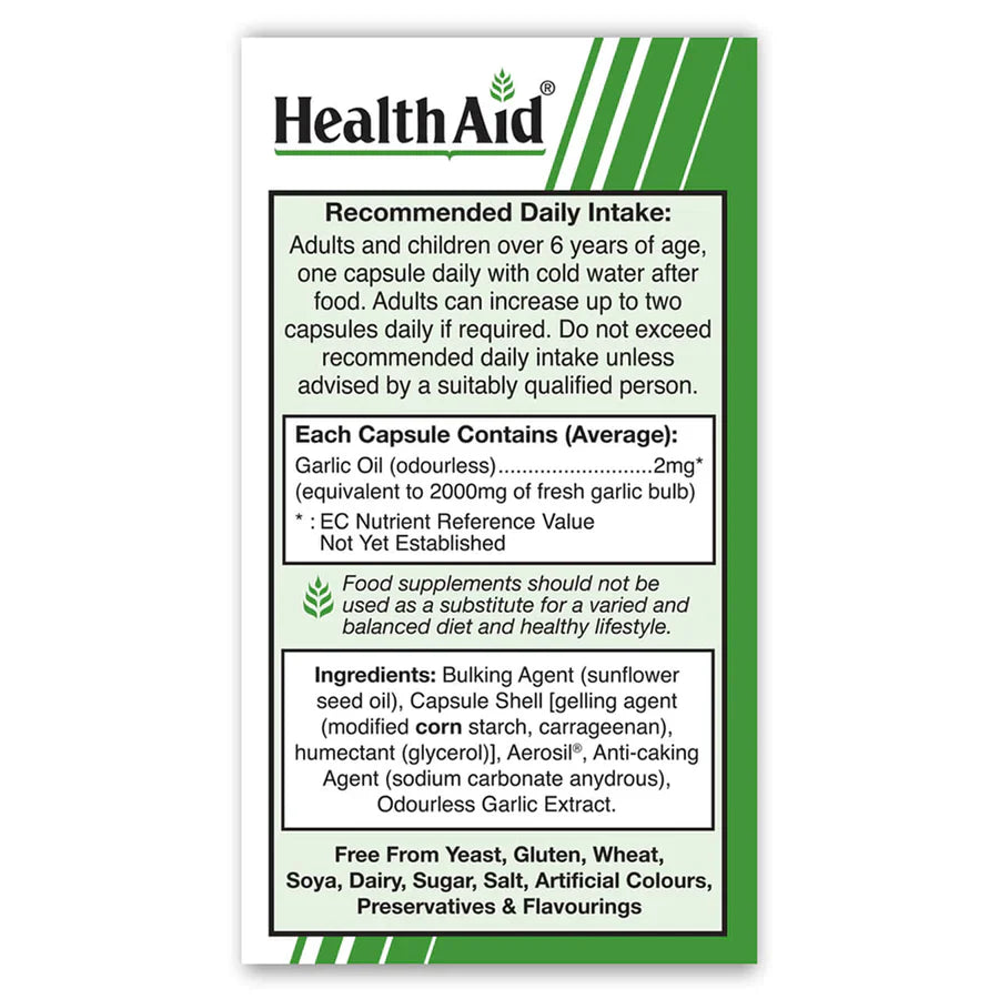 HEALTHAID GARLIC OIL ODOURLESS 2MG, 30 CAPSULES