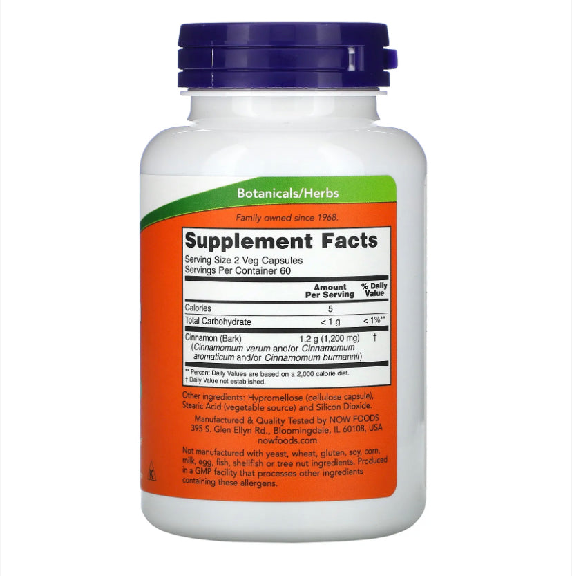 NOW CINNAMON BARK 600MG, 120 VEG CAPSULES