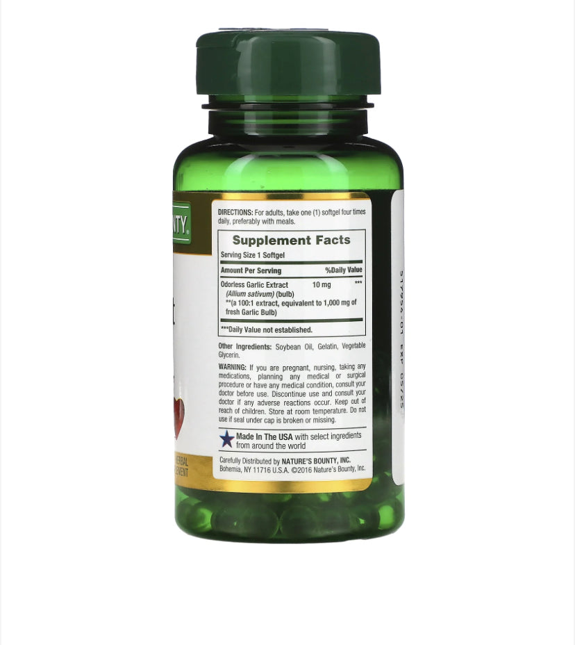 NATURE’S BOUNTY GARLIC EXTRACT 1000MG, 100 SOFTGELS
