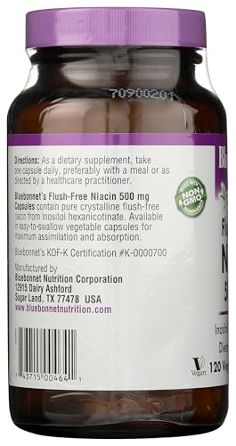 Pre-Order | Arrives in 5–10 Days – BlueBonnet Nutrition Flush-Free Niacin 500mg, for Nutritional Cardiovascular Support Vegetable Capsules, Soy/Dairy/Gluten Free, Non-GMO, Kosher Certified, Vegan, White, 120 Count