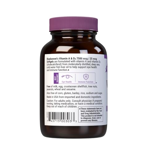 Pre-Order | Arrives in 5–10 Days – Bluebonnet Nutrition Vitamin A & D3 25,000 IU/1,000 IU from Deep Sea, Cold Water, Fish Oil - For Eye Health & Immune Function* - Gluten Free - Dairy Free - Molecularly Distilled - 100 Softgel/Servings