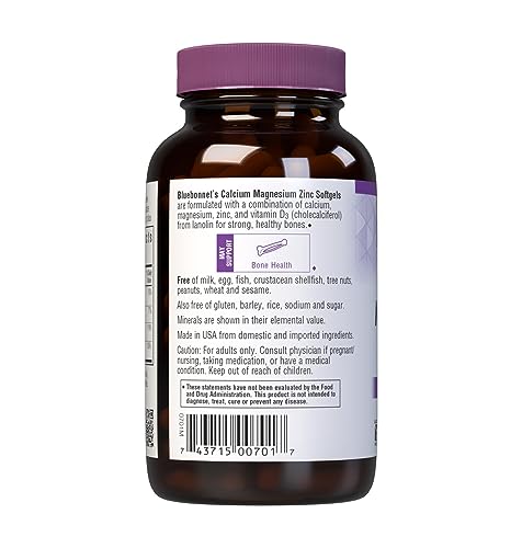 Pre-Order | Arrives in 5–10 Days – Bluebonnet Nutrition Calcium Magnesium Zinc Plus Vitamin D3, 1000 mg of Calcium, 500 mg of Magnesium and 15 mg of Zinc, 400IU Vitamin D3, For Strong Healthy Bones*, Gluten-Free, Dairy-Fee, 120 softgel