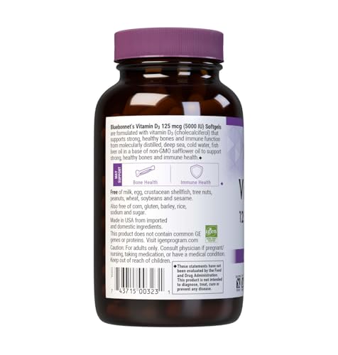 Pre-Order | Arrives in 5–10 Days – Bluebonnet Nutrition Vitamin D3 5000 IU Softgels, Aids in Muscle and Skeletal Growth, Cholecalciferol from Fish Oil, Non GMO, Gluten Free, Soy Free, Dairy Free, Yellow, 250 Softgels