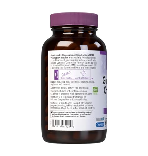 Pre-Order | Arrives in 5–10 Days – Bluebonnet Nutrition Glucosamine Chondroitin Plus MSM, Glucosamine, Chondroitin Sulfate, Vitamin C & OptiMSM, Bone & Joint Health, Non GMO, Gluten Free, Soy Free, Milk Free, 180 Vegetable Capsules