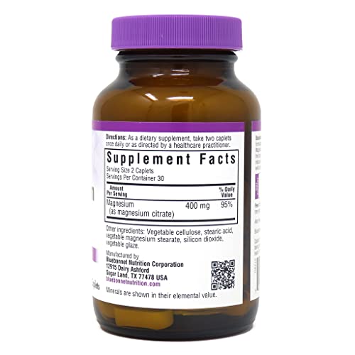 Pre-Order | Arrives in 5–10 Days – Bluebonnet Nutrition Magnesium Citrate (400mg of Magnesium)- Maximum Absorption - Supports Immune Health & Energy Production - Soyfree, Gluten-Free, Non-GMO, Kosher, Dairy Free, Vegan, 60 Caplets