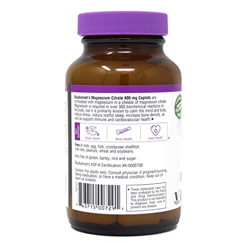 Pre-Order | Arrives in 5–10 Days – Bluebonnet Nutrition Magnesium Citrate (400mg of Magnesium)- Maximum Absorption - Supports Immune Health & Energy Production - Soyfree, Gluten-Free, Non-GMO, Kosher, Dairy Free, Vegan, 60 Caplets