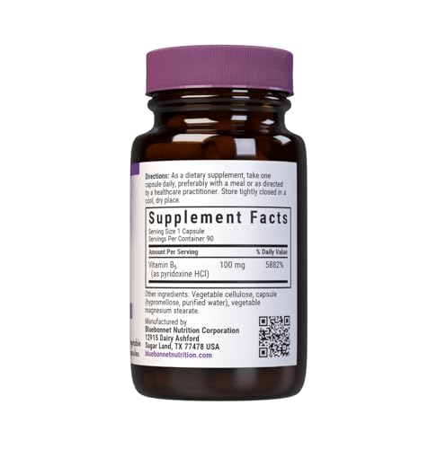 Pre-Order | Arrives in 5–10 Days – BlueBonnet Nutrition Vitamin B6 Vegetable Capsules, 100 mg, for Cardiovascular and Nervous System Health, 90 Count