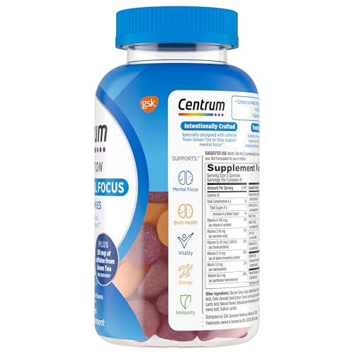Pre-Order | Arrives in 5–10 Days – Centrum MultiGummies Multi+ Dual Action Mental Focus Adult Multivitamin with Caffeine from Green Tea, Supports Mental Focus, Attention and Alertness, Lemon/Orange Flavors - 90 Count