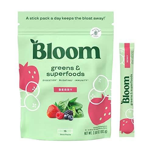 Pre-Order | Arrives in 5–10 Days – Bloom Nutrition Super Greens Powder Smoothie Mix, 15 Stick Packs - Probiotics for Digestive Health & Bloating Relief for Women, Digestive Enzymes with Organic Superfoods for Gut Health (Berry)