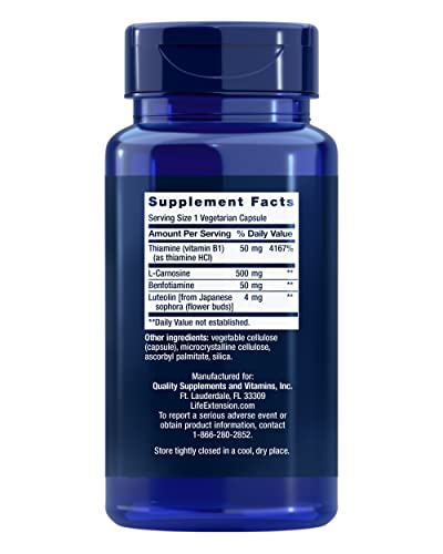 Pre-Order | Arrives in 5–10 Days – Life Extension Super Carnosine 500mg - For Muscle Recovery - L-Carnosine Supplement with Benfotiamine, Vitamin B1, Luteolin For Healthy Aging - Non-GMO, Gluten-Free - 60 Vegetarian Capsules