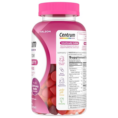 Pre-Order | Arrives in 5–10 Days – Centrum MultiGummies Multi+ Beauty Dual Action Multivitamin, Specially Designed with Biotin for Healthy Hair, Skin and Nails, Cherry/Berry/Orange Flavors - 100 Count