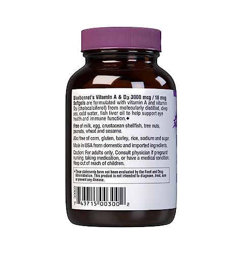 Pre-Order | Arrives in 5–10 Days – Bluebonnet Nutrition Vitamin A & D3 10,000 IU/400 IU from Deep Sea, Cold Water, Fish Oil - For Eye Health & Immune Function* - Gluten Free -Dairy Free -Molecularly Distilled -100 Softgel/100 Servings