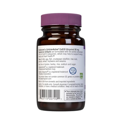 Pre-Order | Arrives in 5–10 Days – Bluebonnet Nutrition Cellular Active CoQ10 Ubiquinol 50 mg Vegetarian Softgels, Heart Health & Cellular Health, Ubiquinol from Kaneka, Non GMO, Gluten Free, Soy Free, Milk Free, 30 Vegetarian Softgels
