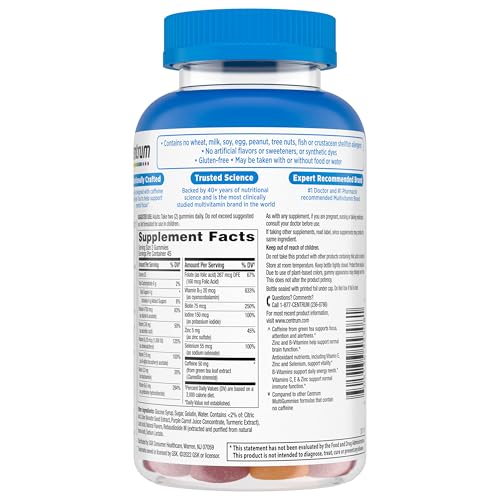 Pre-Order | Arrives in 5–10 Days – Centrum MultiGummies Multi+ Dual Action Mental Focus Adult Multivitamin with Caffeine from Green Tea, Supports Mental Focus, Attention and Alertness, Lemon/Orange Flavors - 90 Count