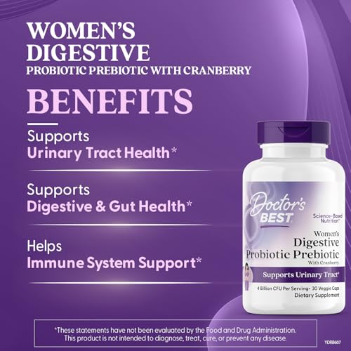 Pre-Order | Arrives in 5–10 Days – Doctor's BEST Womens Digestive Probiotic Prebiotic with Cranberry and PreforPro (4 Billion CFU), Supports Urinary Tract, Non-GMO, Vegan 30 Veggie Caps