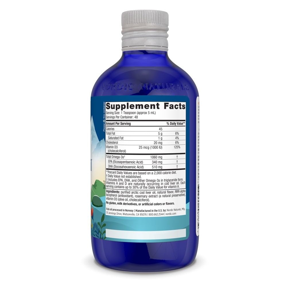 Pre-Order | Arrives in 5–10 Days – Nordic Naturals Arctic-D Cod Liver Oil, Lemon - 8 oz - 1060 mg Total Omega-3s + 1000 IU Vitamin D3 - EPA & DHA - Heart, Brain, Bone, Immune & Mood Support - Non-GMO - 48 Servings