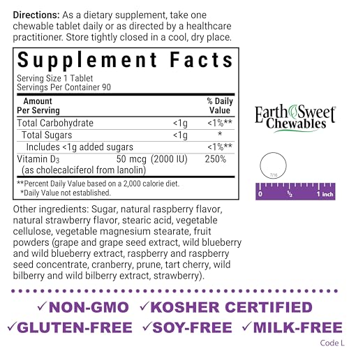 Pre-Order | Arrives in 5–10 Days – Bluebonnet Nutrition Earth Sweet Vitamin D3 2000 IU Chewable Tablets, Aids in Muscle and Skeletal Growth, D3, Non GMO, Gluten, Free, Soy Free, Milk Free, Kosher, 90 Chewable Tablets, Raspberry Flavor