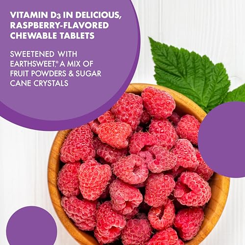 Pre-Order | Arrives in 5–10 Days – Bluebonnet Nutrition Earth Sweet Vitamin D3 2000 IU Chewable Tablets, Aids in Muscle and Skeletal Growth, D3, Non GMO, Gluten, Free, Soy Free, Milk Free, Kosher, 90 Chewable Tablets, Raspberry Flavor