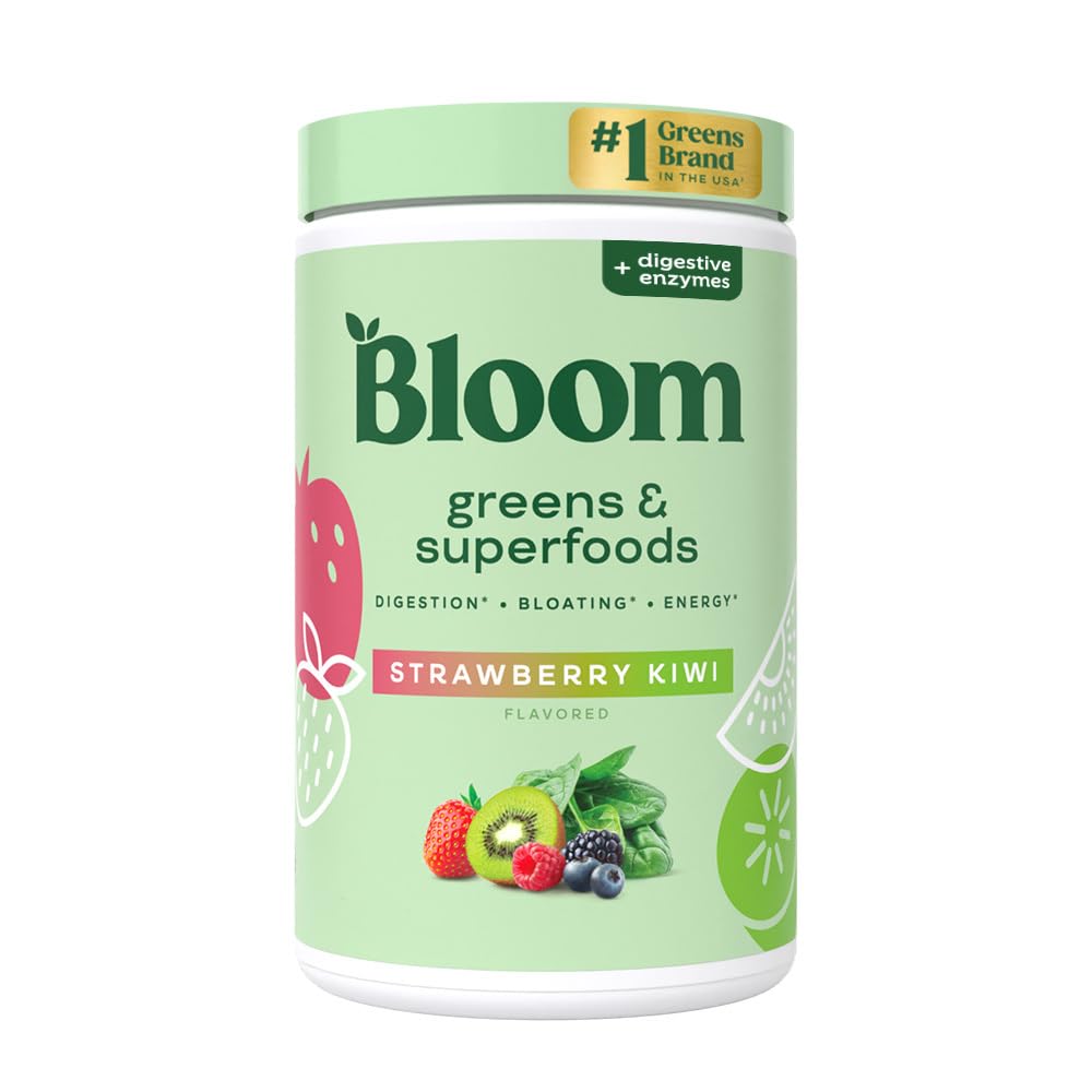 Pre-Order | Arrives in 5–10 Days – 
Bloom Nutrition Superfood Greens Powder, Digestive Enzymes with Probiotics and Prebiotics, Gut Health, Bloating Relief for Women, Chlorella, Juice Mix with Beet Root Powder, 25 SVG, Strawberry Kiwi