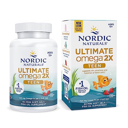 Pre-Order | Arrives in 5–10 Days – Nordic Naturals Ultimate Omega 2X Teen, Strawberry - 60 Mini Soft Gels - 1120 mg Total Omega-3s with EPA & DHA - Brain Health, Positive Mood, Social Development, Learning - Non-GMO - 30 Servings