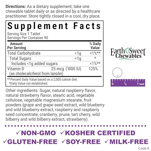 Pre-Order | Arrives in 5–10 Days – Bluebonnet Nutrition EarthSweet Vitamin D3 1000IU - Bone & Immune Support Supplement - Raspberry Chewable Vitamin D Supplement for Women & Men - Soy-Free, Gluten-Free, Non-GMO - 90 Tablets