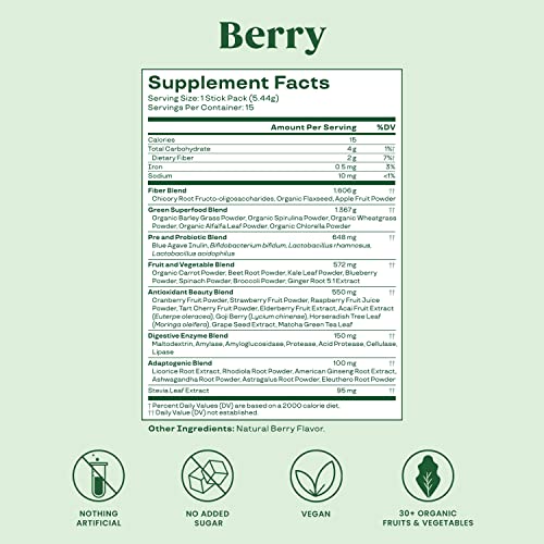 Pre-Order | Arrives in 5–10 Days – Bloom Nutrition Super Greens Powder Smoothie Mix, 15 Stick Packs - Probiotics for Digestive Health & Bloating Relief for Women, Digestive Enzymes with Organic Superfoods for Gut Health (Berry)