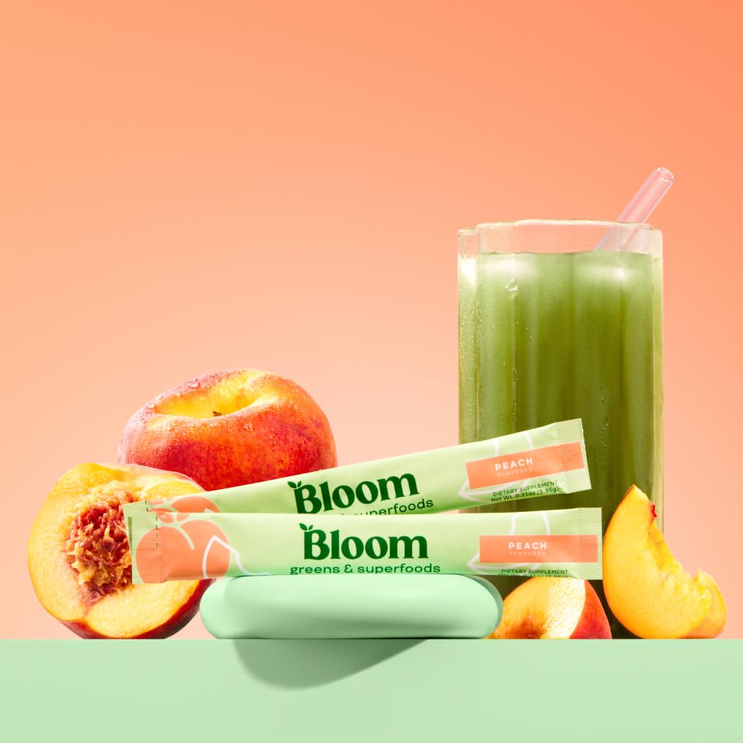 Pre-Order | Arrives in 5–10 Days – 
Bloom Nutrition Greens and Superfoods Powder Packets for Digestive Health, Greens Powder, Digestive Enzymes, Probiotics, Spirulina, Chlorella for Bloating & Gut Support, 15 Stick, Peach
