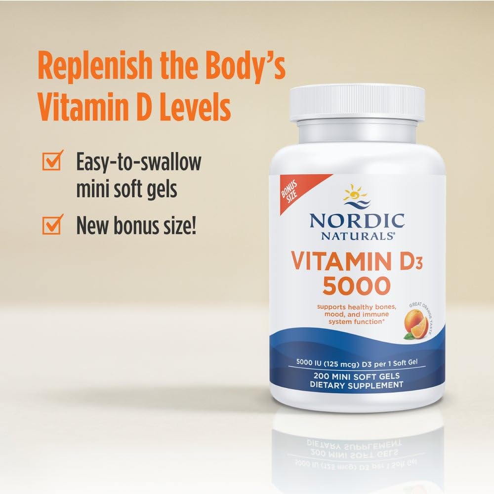 Pre-Order | Arrives in 5–10 Days – Nordic Naturals Vitamin D3 5000, Orange - 200 Mini Soft Gels - Support for Healthy Bones, Mood, & Immune System - Vegetarian - Non-GMO - 200 Servings