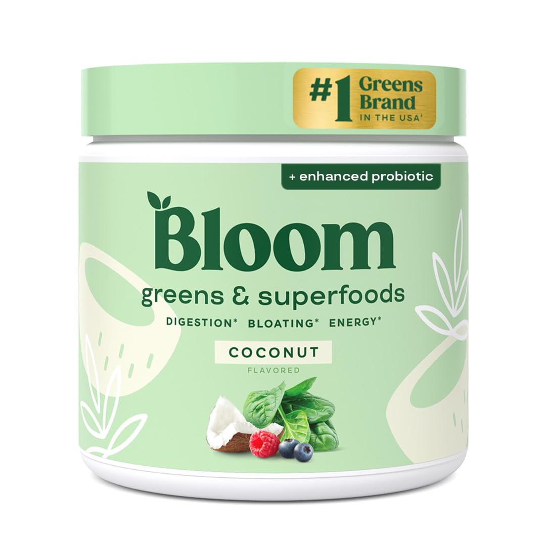Pre-Order | Arrives in 5–10 Days – 
Bloom Nutrition Superfood Greens Powder, Digestive Enzymes with Probiotics and Prebiotics, Gut Health, Bloating Relief for Women, Chlorella, Green Juice Mix with Beet Root Powder, 30 SVG, Coconut