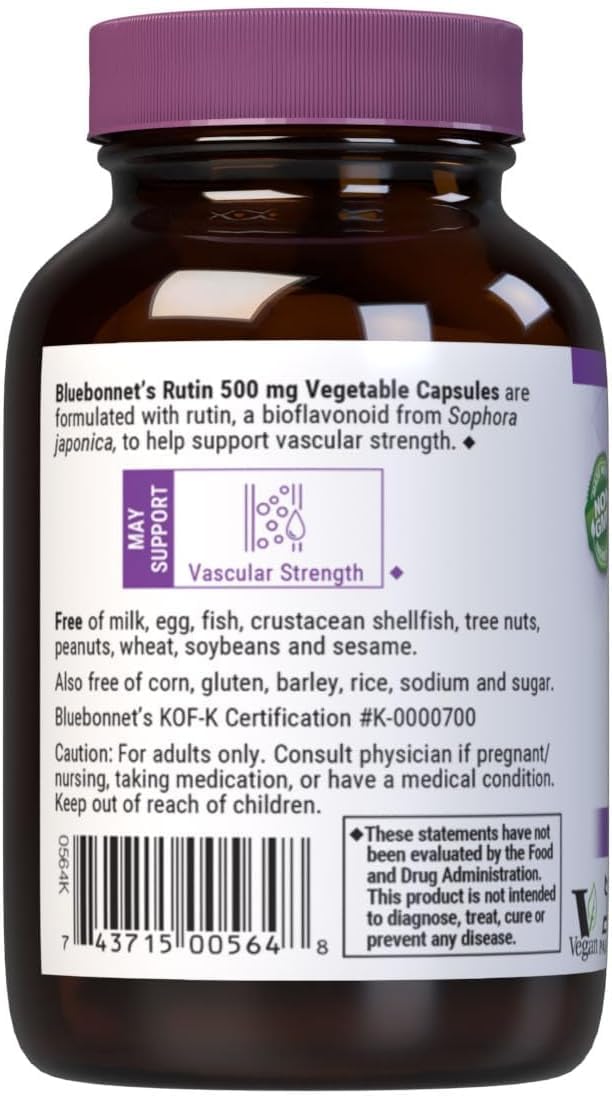 Pre-Order | Arrives in 5–10 Days – Bluebonnet Nutrition Rutin 500mg (Sophora Japonica) Antioxidant Bioflavonoid for Vascular Support* Vegan, Gluten-Free, Soy-Free - Plant-Based Rutin Supplement - 50 Vegetable Capsules