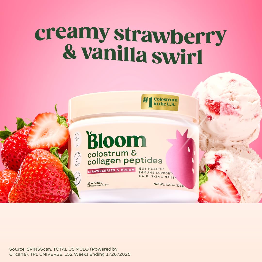 Pre-Order | Arrives in 5–10 Days – 
Bloom Nutrition Bovine Colostrum Powder for Gut Health, Immune Support, Hair Growth & Beauty Supplement, Gluten Free, Sugar Free | Strawberries & Cream, 25 Servings