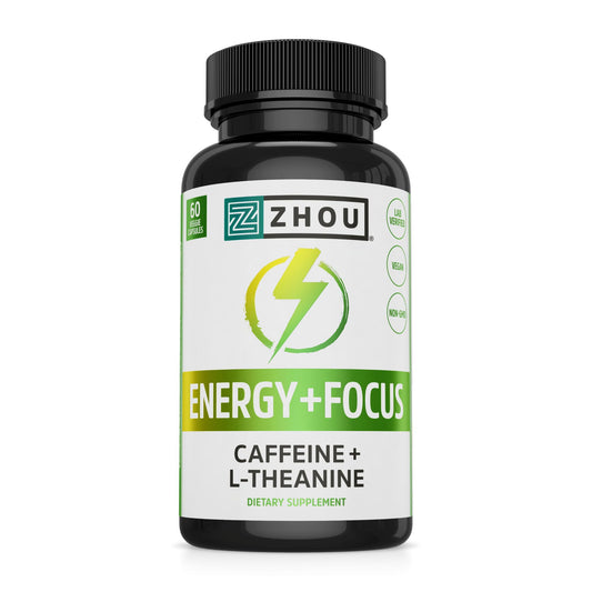 Pre-Order | Arrives in 5–10 Days – Zhou Energy + Focus - L Theanine Caffeine Pills, 200mg L-Theanine, 100mg Natural Anhydrous Caffeine Boost for Adults, Men & Women, Slow Extended Release - 60 Vegetarian Capsules (Pack of 1)