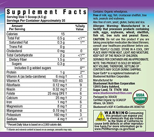Pre-Order | Arrives in 5–10 Days – Bluebonnet Nutrition Super Earth Organic Wheatgrass Powder, 35 Servings, Dark Green, 5.6 Oz