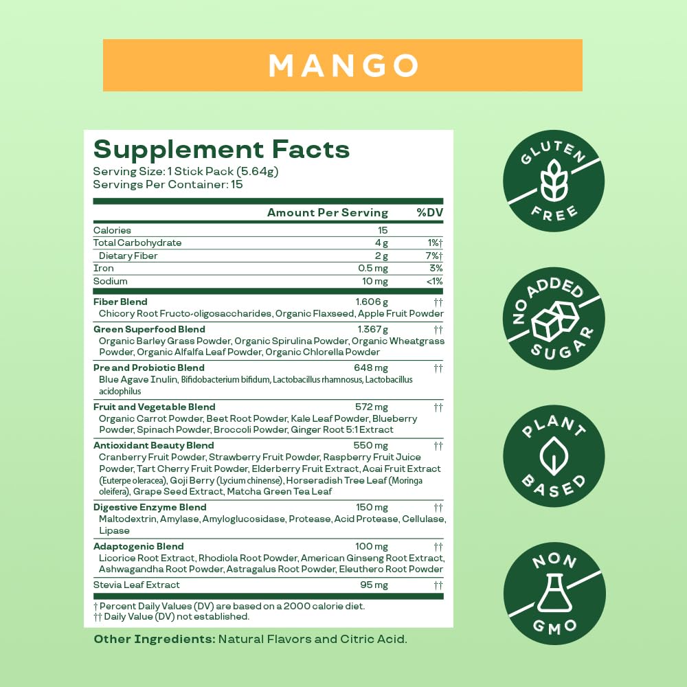 Pre-Order | Arrives in 5–10 Days – 
Bloom Nutrition Superfood Greens Powder Stick Packs, Digestive Enzymes with Probiotics and Prebiotics, Gut Health, Bloating Relief for Women, Chlorella, Green Juice Mix, 15 SVG, Mango