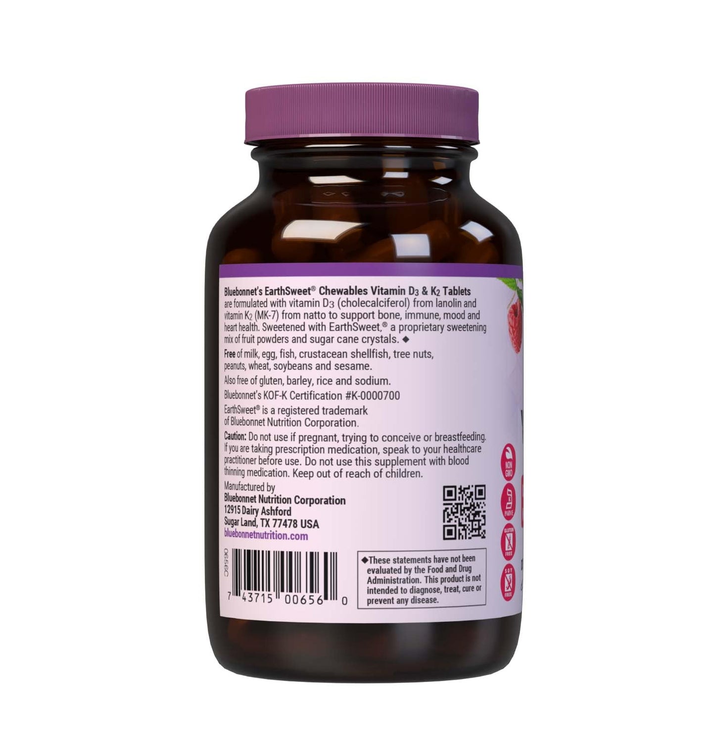 Pre-Order | Arrives in 5–10 Days – Bluebonnet Nutrition Vitamin D3 & K2 EarthSweet Chewable Tablets, for Immune, Mood & Heart Health*, Soy-Free, Gluten-Free, Non-GMO, Kosher Dairy, 60 Raspberry Flavor Chewable Tablets, 60 Servings