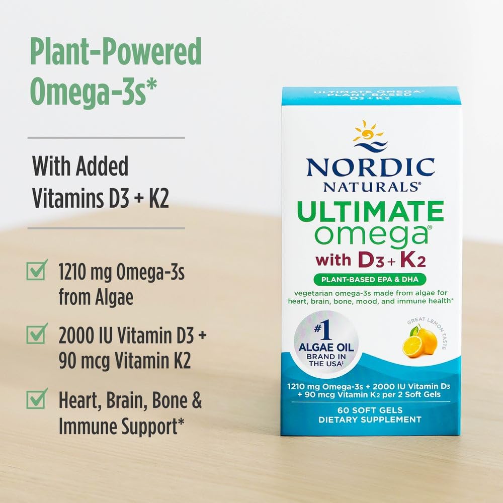 Pre-Order | Arrives in 5–10 Days – Nordic Naturals Ultimate Omega Plant Based Vitamin with Vitamin D3+K2-60 Vegetarian Soft Gels - 1210 mg Omega-3s Plus 2000 IU D3 and 90 mcg K2 - Promotes Brain Health - Non GMO - 30 Servings