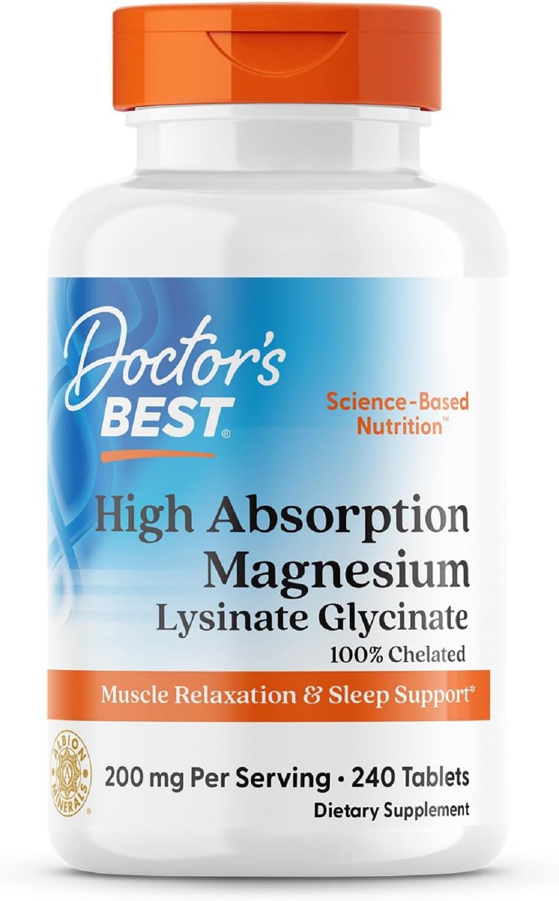 Pre-Order | Arrives in 5–10 Days – Doctor's Best High Absorption Magnesium Glycinate Lysinate, 100% Chelated, Non-GMO, Vegan, Gluten & Soy Free, 200 mg, 240 Count