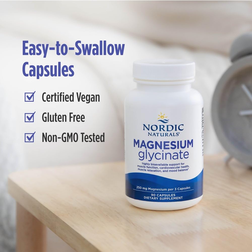 Pre-Order | Arrives in 5–10 Days – Nordic Naturals Vegetarian Magnesium Glycinate Capsules, Unflavored, 90 Count - 250mg Magnesium per Serving - Highly Bioavailable Support for Muscle & Cardiovascular Function - Non-GMO - 30 Servings