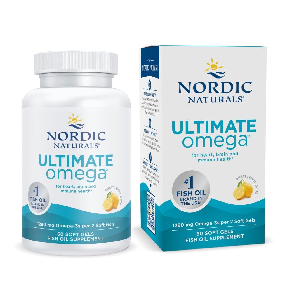 Pre-Order | Arrives in 5–10 Days – Nordic Naturals Ultimate Omega, Lemon Flavor - 60 Soft Gels - 1280 mg Omega-3 - High-Potency Fish Oil Supplement with EPA & DHA - Promotes Brain & Heart Health - Non-GMO - 30 Servings