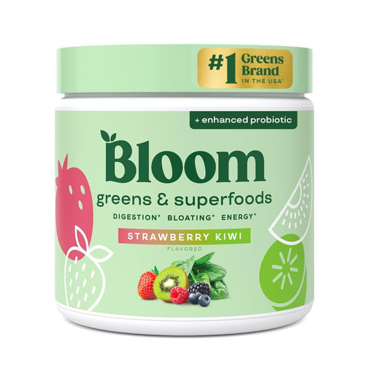 Pre-Order | Arrives in 5–10 Days – 
Bloom Nutrition Greens and Superfoods Powder for Digestive Health, Greens Powder, Digestive Enzymes, Probiotics, Spirulina, Chlorella for Bloating & Gut Support, Green Juice, 30 SVG, Strawberry Kiwi
