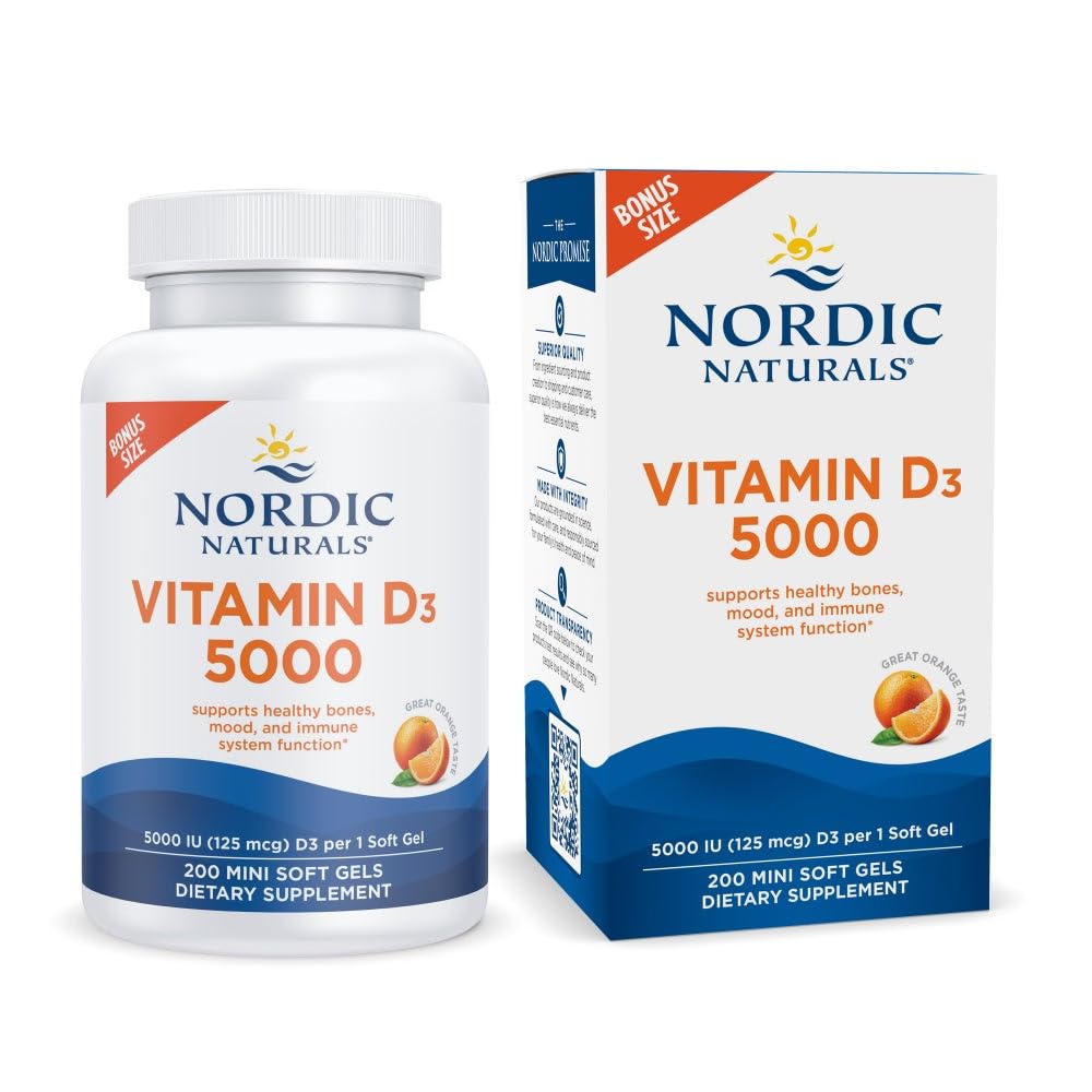 Pre-Order | Arrives in 5–10 Days – Nordic Naturals Vitamin D3 5000, Orange - 200 Mini Soft Gels - Support for Healthy Bones, Mood, & Immune System - Vegetarian - Non-GMO - 200 Servings