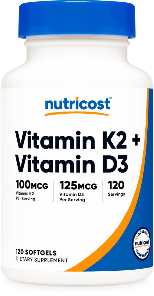 Pre-Order | Arrives in 5–10 Days – 
Nutricost Vitamin K2 (MK7) (100mcg) + Vitamin D3 (5000 IU) 120 Softgels - Gluten Free and Non-GMO
