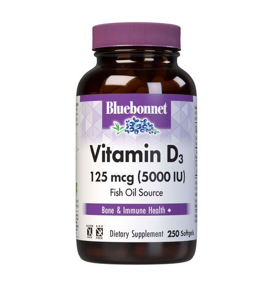 Pre-Order | Arrives in 5–10 Days – Bluebonnet Nutrition Vitamin D3 5000 IU Softgels, Aids in Muscle and Skeletal Growth, Cholecalciferol from Fish Oil, Non GMO, Gluten Free, Soy Free, Dairy Free, Yellow, 250 Softgels