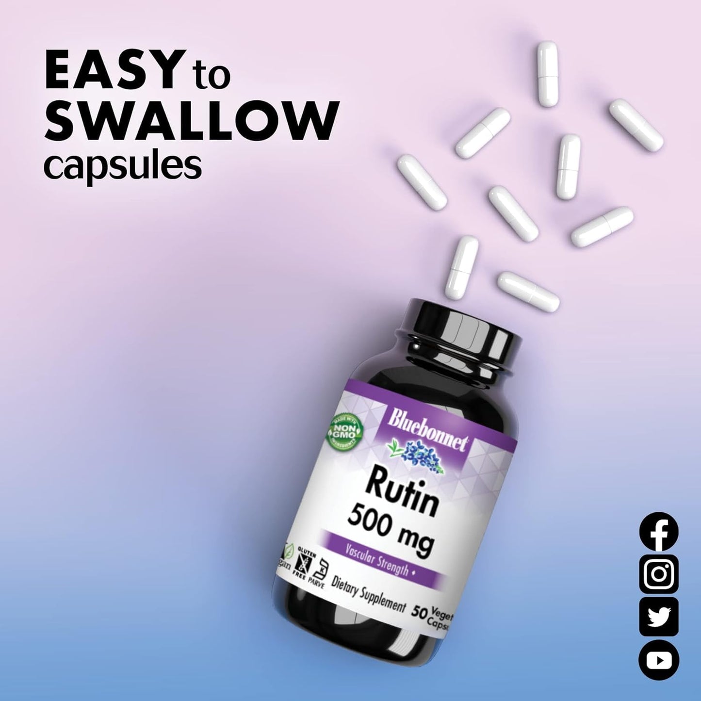 Pre-Order | Arrives in 5–10 Days – Bluebonnet Nutrition Rutin 500mg (Sophora Japonica) Antioxidant Bioflavonoid for Vascular Support* Vegan, Gluten-Free, Soy-Free - Plant-Based Rutin Supplement - 50 Vegetable Capsules