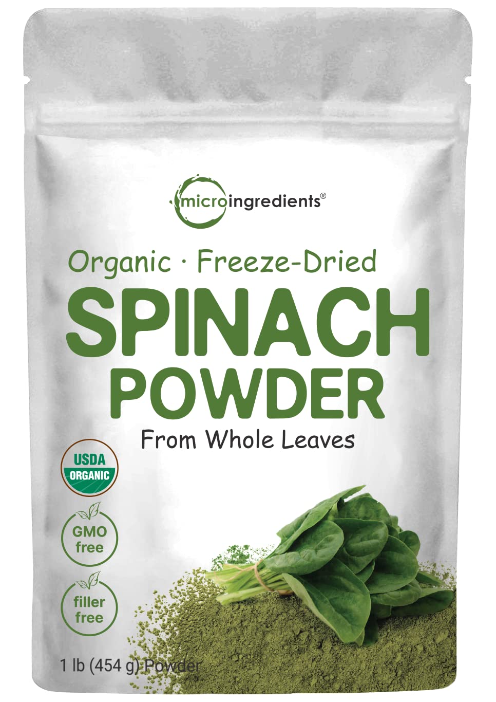 Pre-Order | Arrives in 5–10 Days – Micro Ingredients Sustainably US Grown, Organic Spinach Powder, 1 Pound, Freeze Dried from Whole Leaf, Rich in Beneficial Thylakoids and Chlorophyll, Contains Multivitamins, Non-GMO, Vegan Friendly