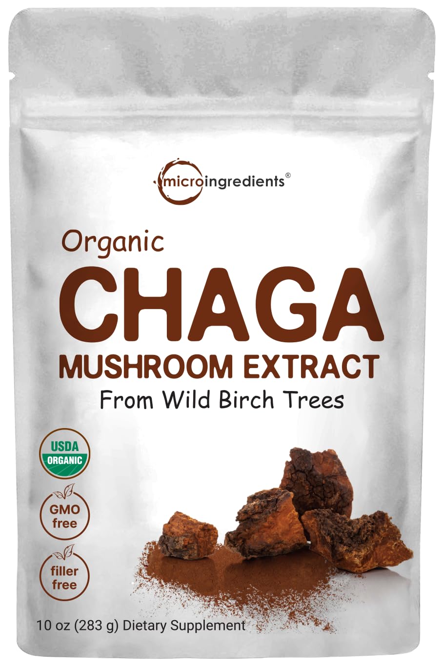 Pre-Order | Arrives in 5–10 Days – Micro Ingredients Organic Chaga Mushroom Extract 100:1 Powder, 10 Ounce | Wild Harvest Mushroom, Chaga Tea, Superfood for Beverage and Smoothie, Vegan Friendly