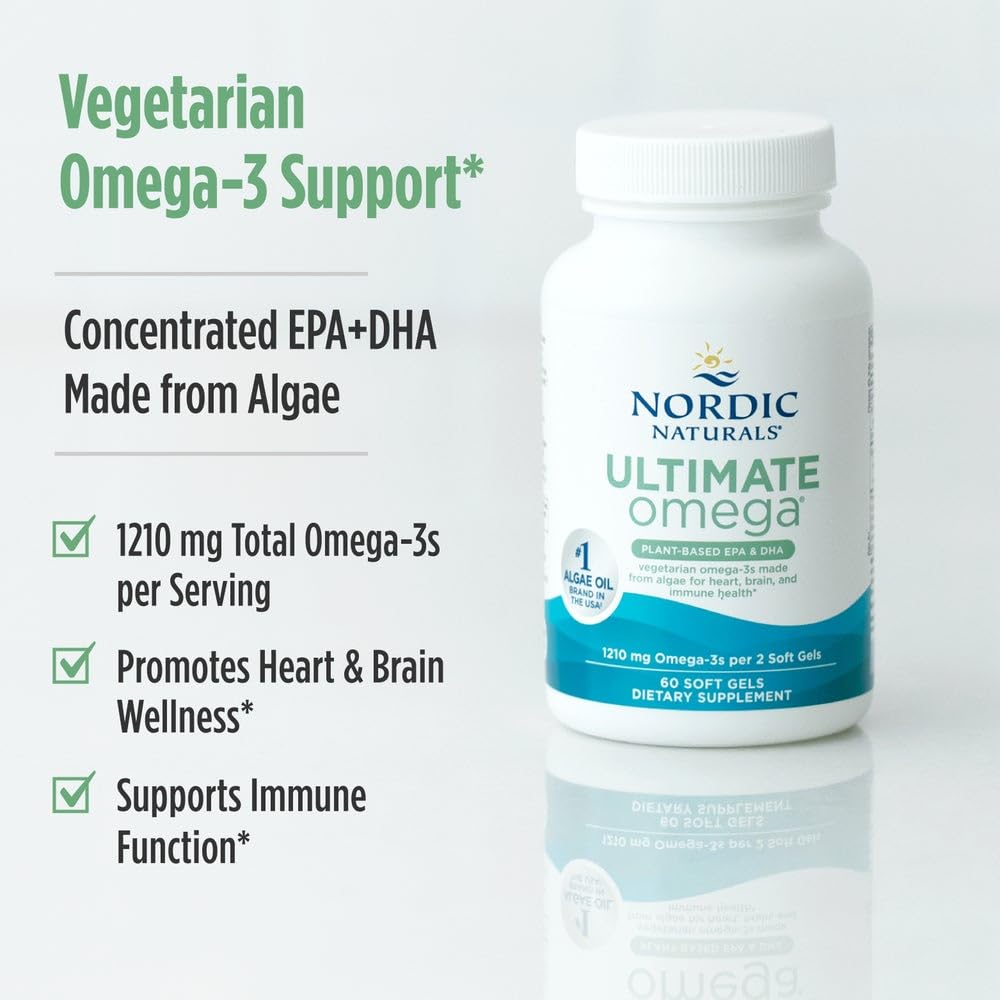 Pre-Order | Arrives in 5–10 Days – Nordic Naturals Plant Based Ultimate Omega, Lemon Flavor - 60 Vegetarian Soft Gels - 1210 mg Omega-3 - Vegan EPA and DHA - Supplement Made from Algae - Brain & Heart Support - Non-GMO - 30 Servings