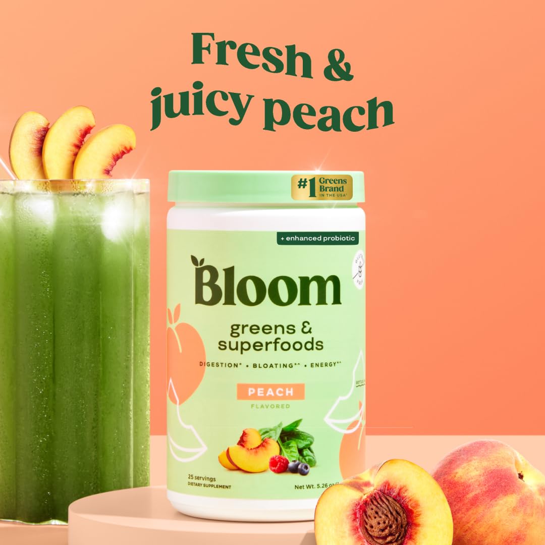Pre-Order | Arrives in 5–10 Days – 
Bloom Nutrition Superfood Greens Powder, Digestive Enzymes with Probiotics and Prebiotics, Gut Health, Bloating Relief for Women, Chlorella, Green Juice Mix with Beet Root Powder, 25 SVG, Peach