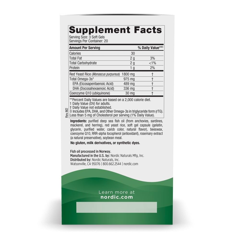 Pre-Order | Arrives in 5–10 Days – Nordic Naturals Cholesterol Support, Lemon - 60 Soft Gels - 975 Omega-3 + Red Yeast Rice & CoQ10 - Normal Cholesterol, Antioxidant Support - EPA & DHA - Non-GMO - 20 Servings